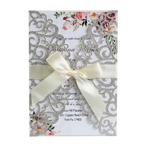 Glitter Invitation Card With Ribbon Bow Laser Cut Greeting Card European Style Invitation Card